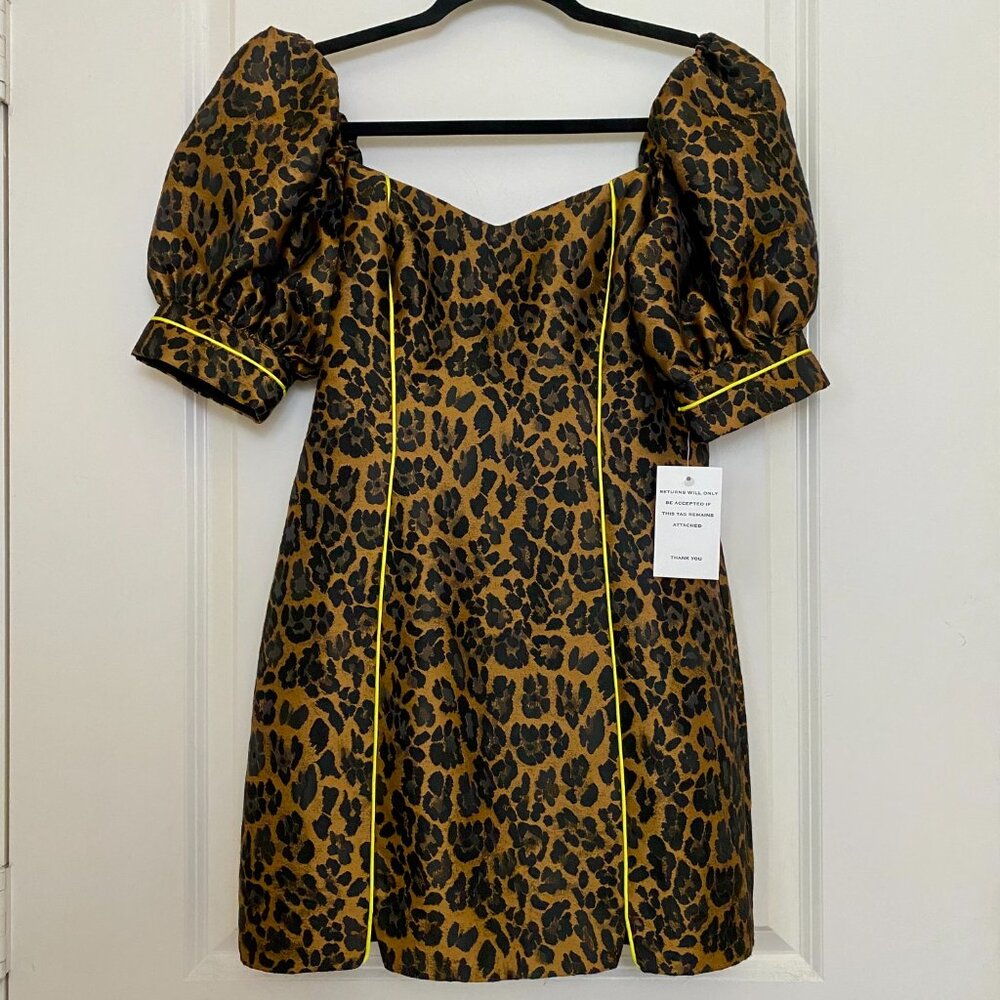 NWT For Love & Lemons Leopard Print Mini Dress in Gold and Black with neon trim